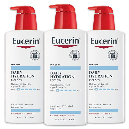 Eucerin Daily Hydration Body Lotion, Unscented Body Lotion for Sensitive Dry Skin, Holiday Gifts for Self Care, 16.9 Fl Oz Pump Bottles, Pack of 3
