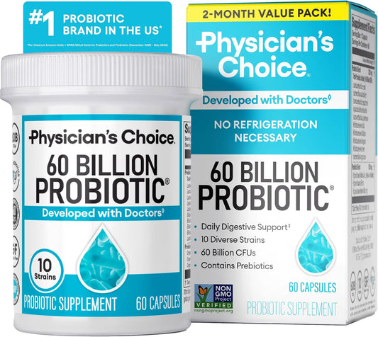 Physician's CHOICE Probiotics 60 Billion CFU - 10 Strains + Organic Prebiotics - Immune, Digestive & Gut Health - Supports Occasional Constipation, Diarrhea, Gas & Bloating - for Women & Men - 60ct